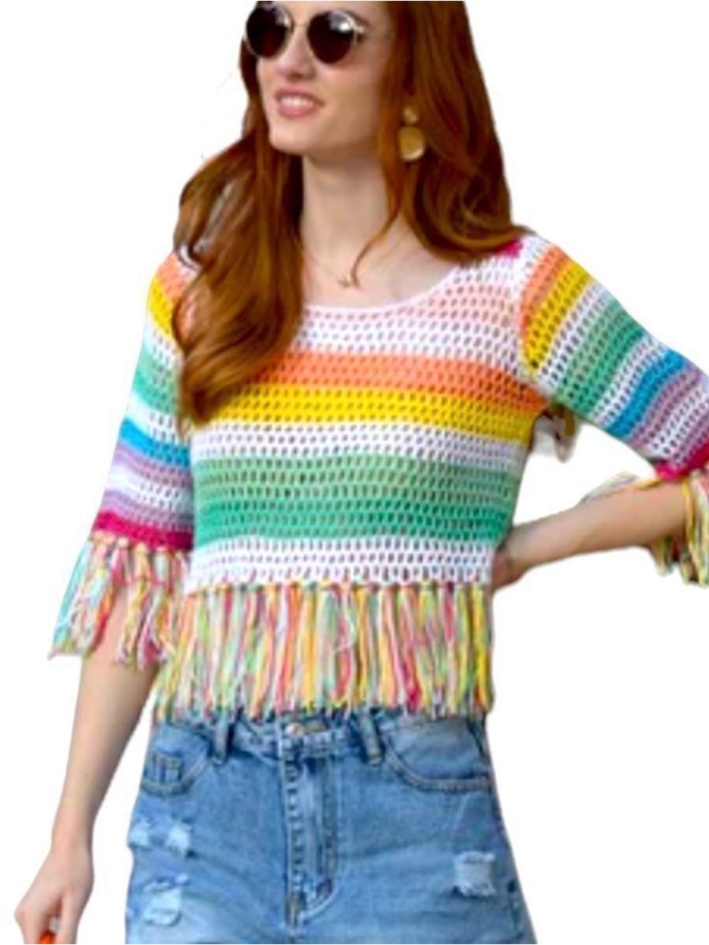 Colorful Striped Fringe Crochet Top - Multicolor